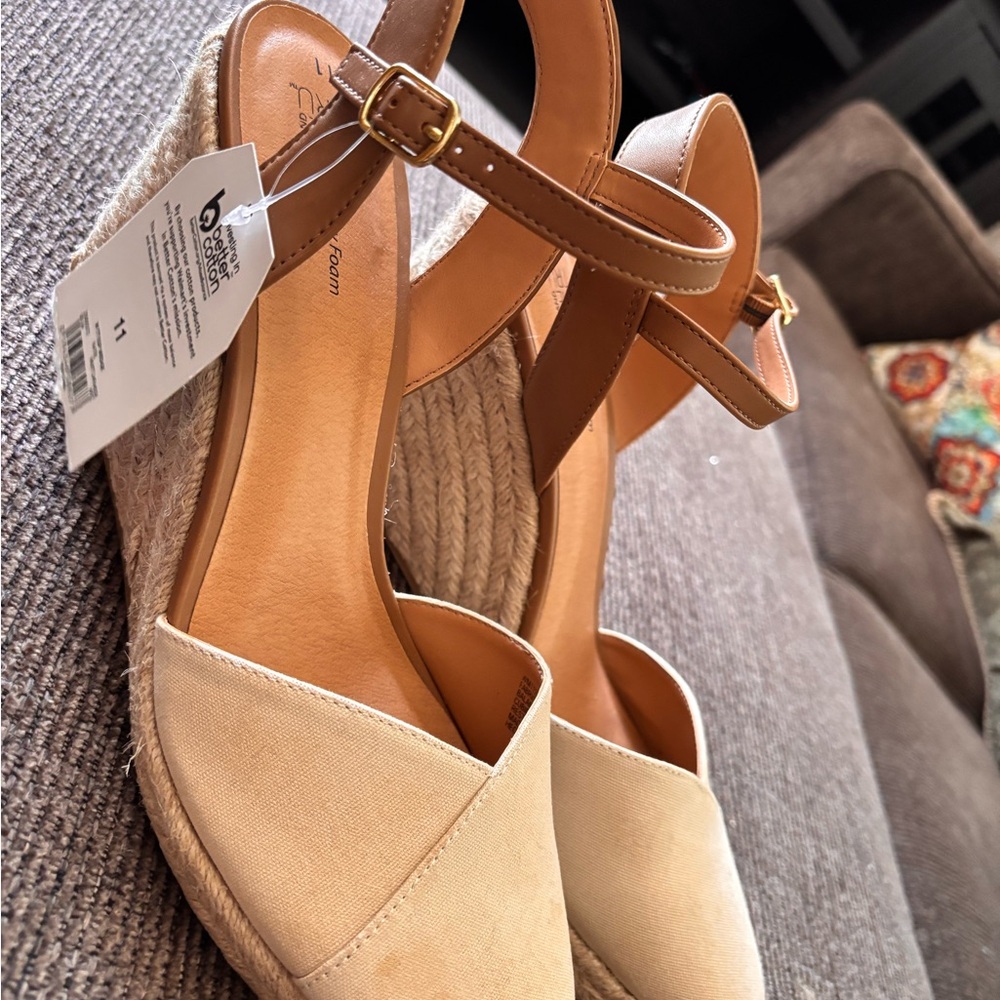 Time and Tru Beige Canvas and Tan Ankle Strap Wedge Sandals